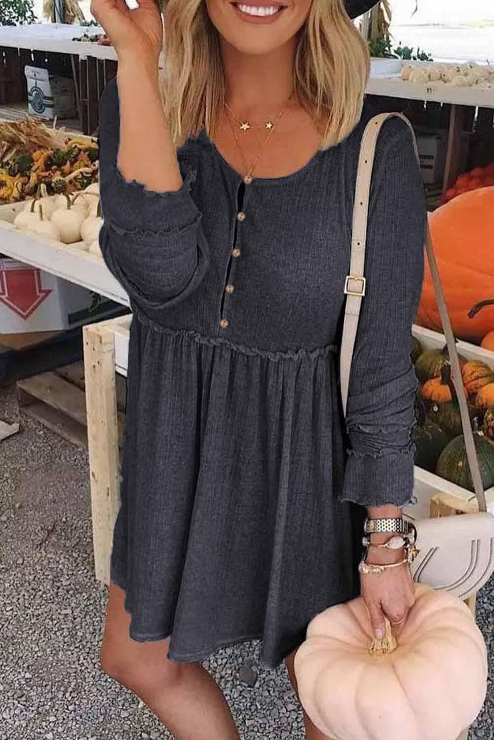 Textured Button Long Sleeve Babydoll Dress - L & M Kee, LLC