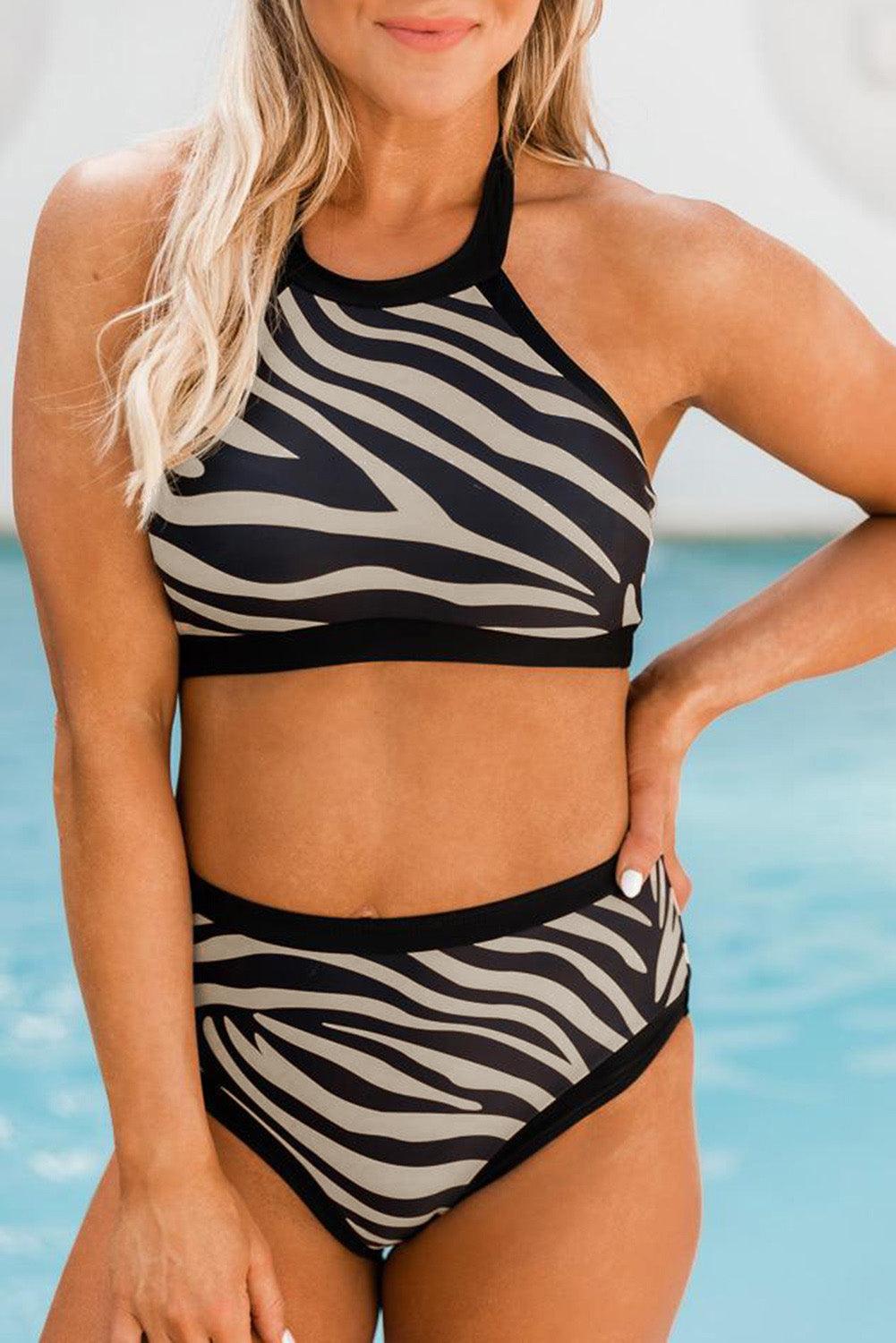 Zebra Print Sleeveless Halter Neck Bikini Swimwear - L & M Kee, LLC
