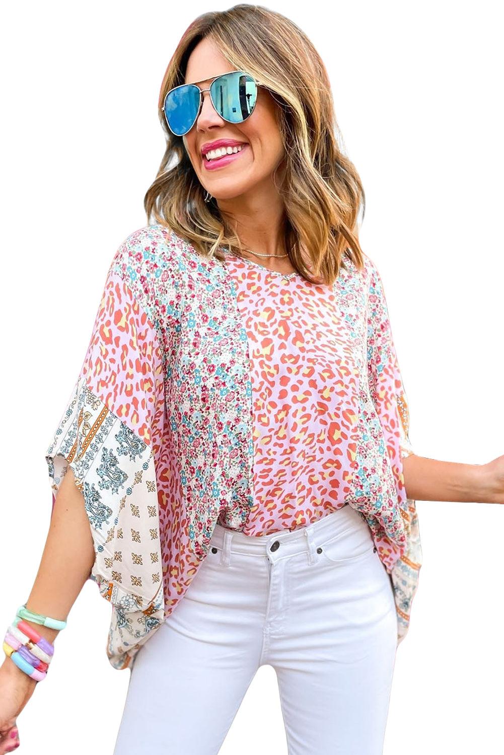 Multicolor Animal Floral Mix Print Cape Top - L & M Kee, LLC