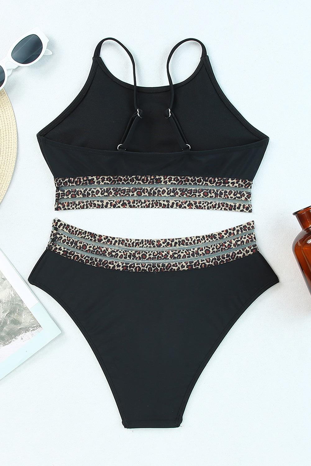 Black Rose Leopard Mesh Trim 2pcs Bikini Swimsuit - L & M Kee, LLC