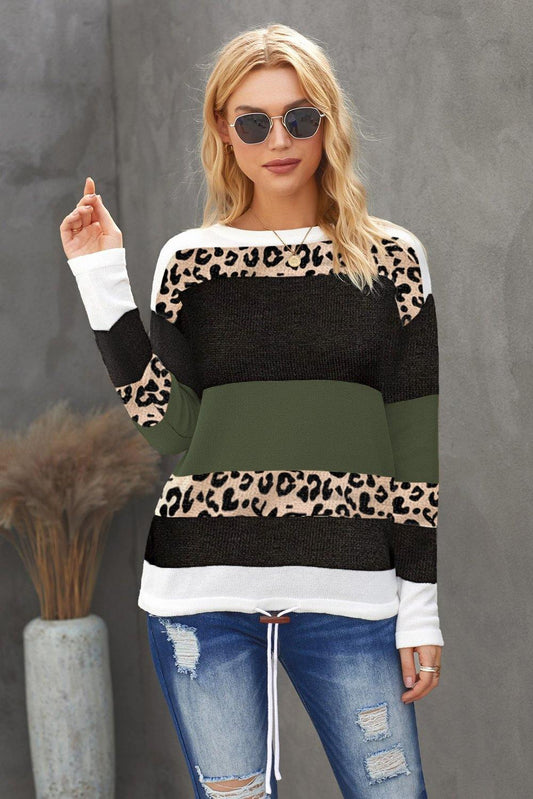 Crewneck Leopard Color Block Knit Pullover Sweater - L & M Kee, LLC