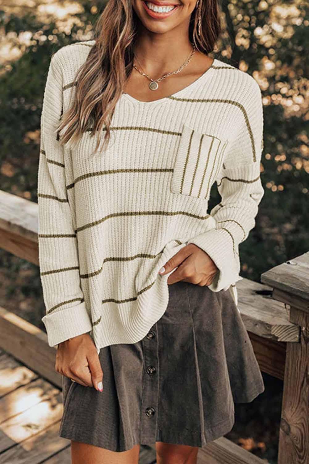 Stripe Chest Pocket Striped Sweater - L & M Kee, LLC