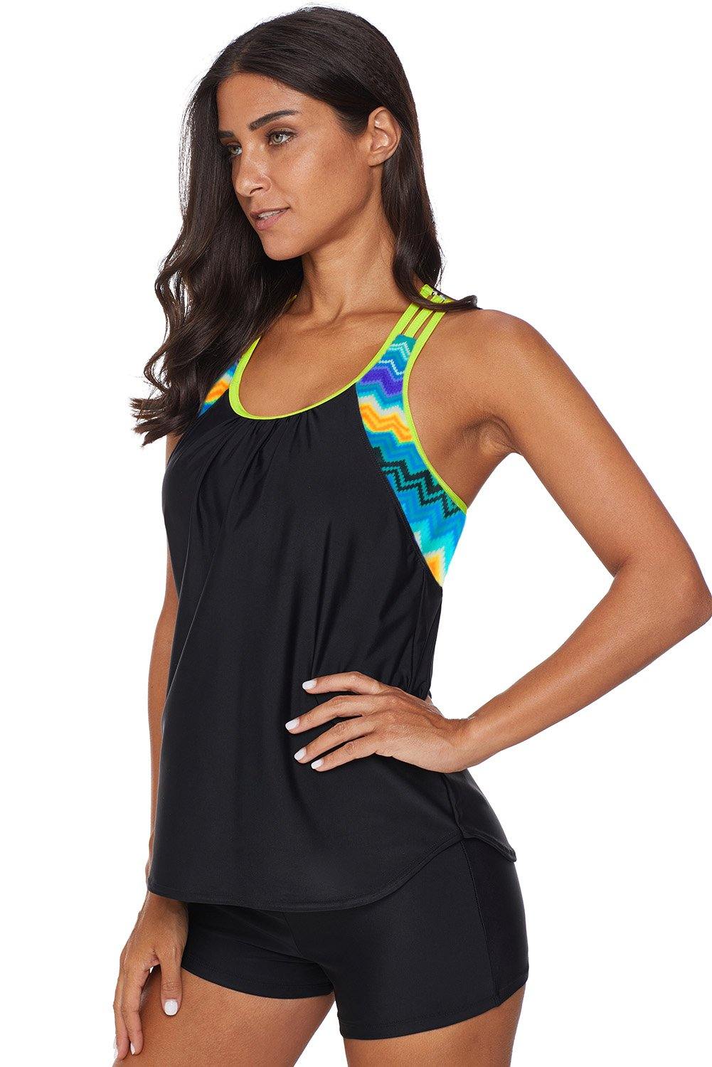 Blouson Striped Printed Strappy T-Back Push up Tankini Top - L & M Kee, LLC