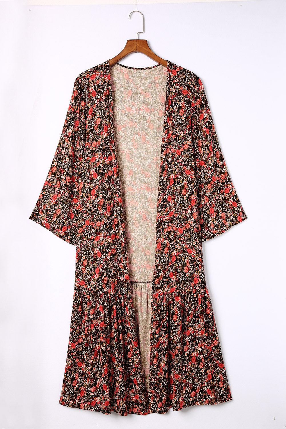 Multicolor Open Front Boho Floral Print Kimono - L & M Kee, LLC