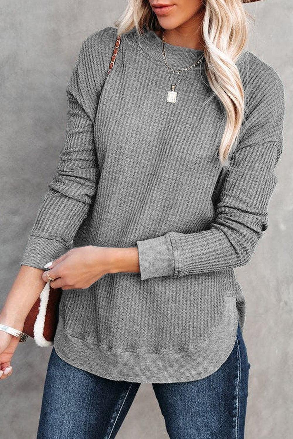 Crew Neck Ribbed Trim Waffle Knit Top - L & M Kee, LLC