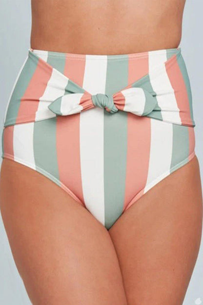 Multicolor Stripes Print Front Tie High Waist Bikini Bottoms - L & M Kee, LLC