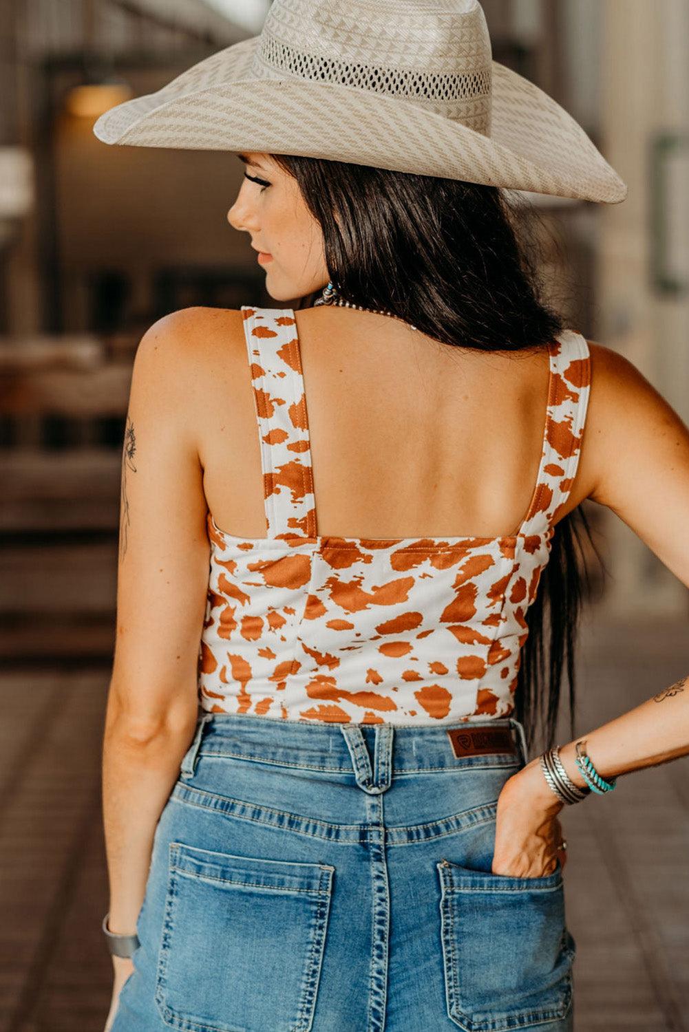 Cow Spots Print Buttons Cropped Tank Top - L & M Kee, LLC