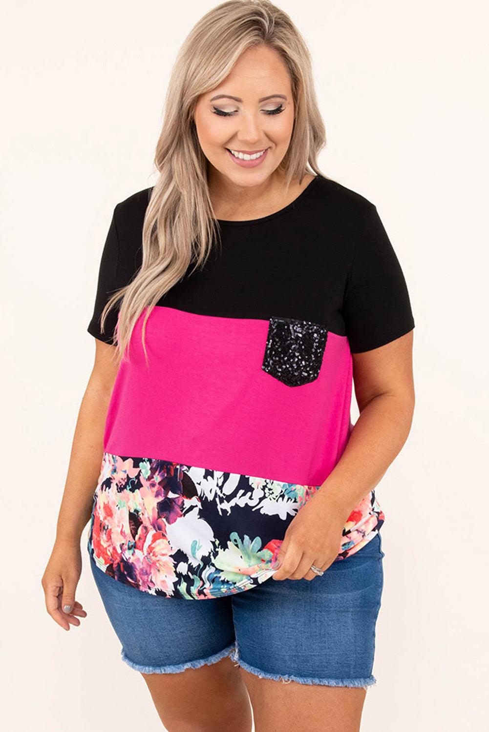 Floral Color Block Sequin Pocket Plus Size Tee - L & M Kee, LLC