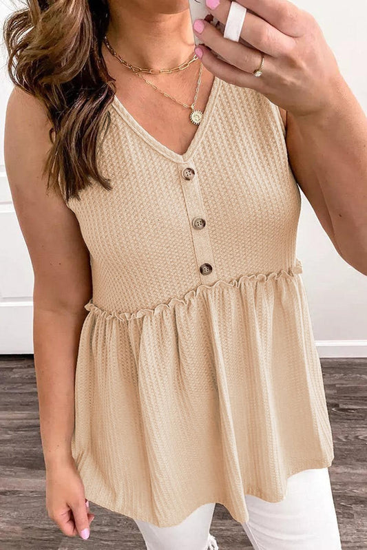 Waffle Knit Button Ruffled Casual Tank - L & M Kee, LLC