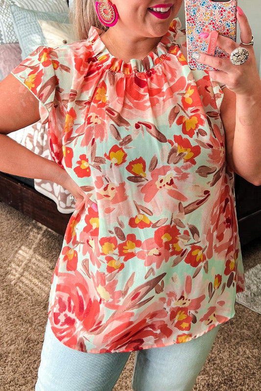 Red Plus Size Watercolor Floral Print Frill Neck Blouse - L & M Kee, LLC