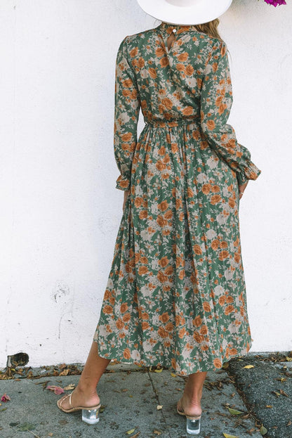 Pleated Long Sleeve Maxi Floral Dress with Tie - L & M Kee, LLC