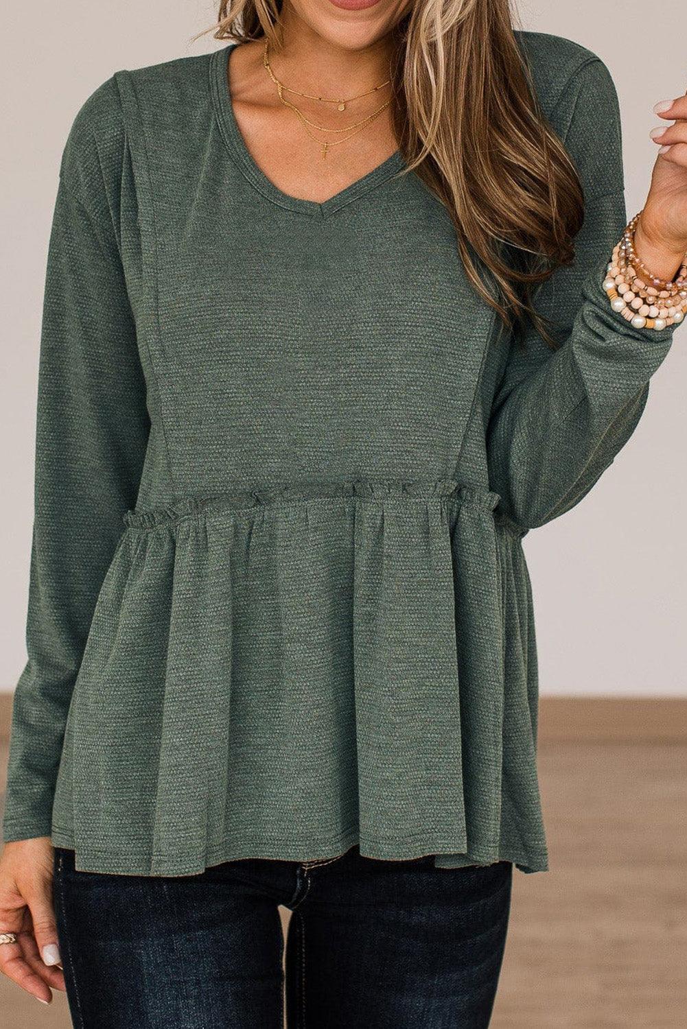 Outseam Detail Long Sleeve Peplum Top - L & M Kee, LLC