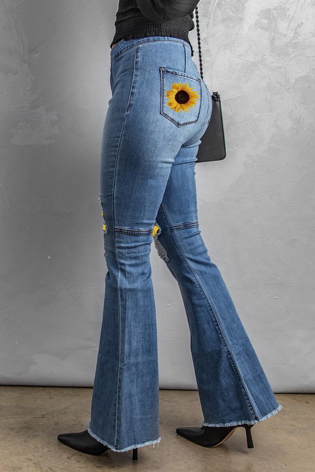High Waist Raw Hem Button Ripped Flare Jeans - L & M Kee, LLC