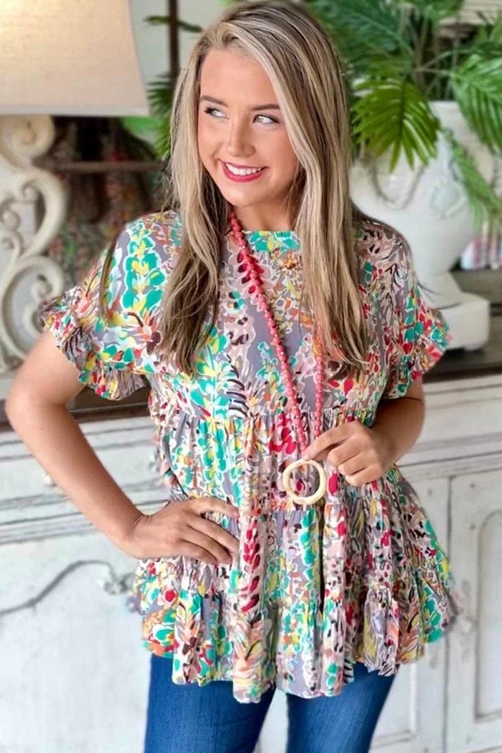 Floral Print Ruffle Sleeve Babydoll Top - L & M Kee, LLC