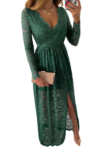 Long Sleeve V Neck Lace Maxi Dress with Split - L & M Kee, LLC