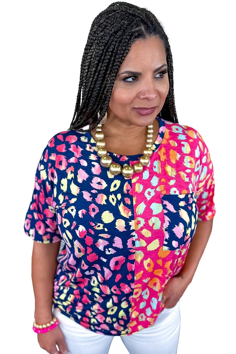 Plus Size Leopard Colorblock Short Sleeve Top - L & M Kee, LLC