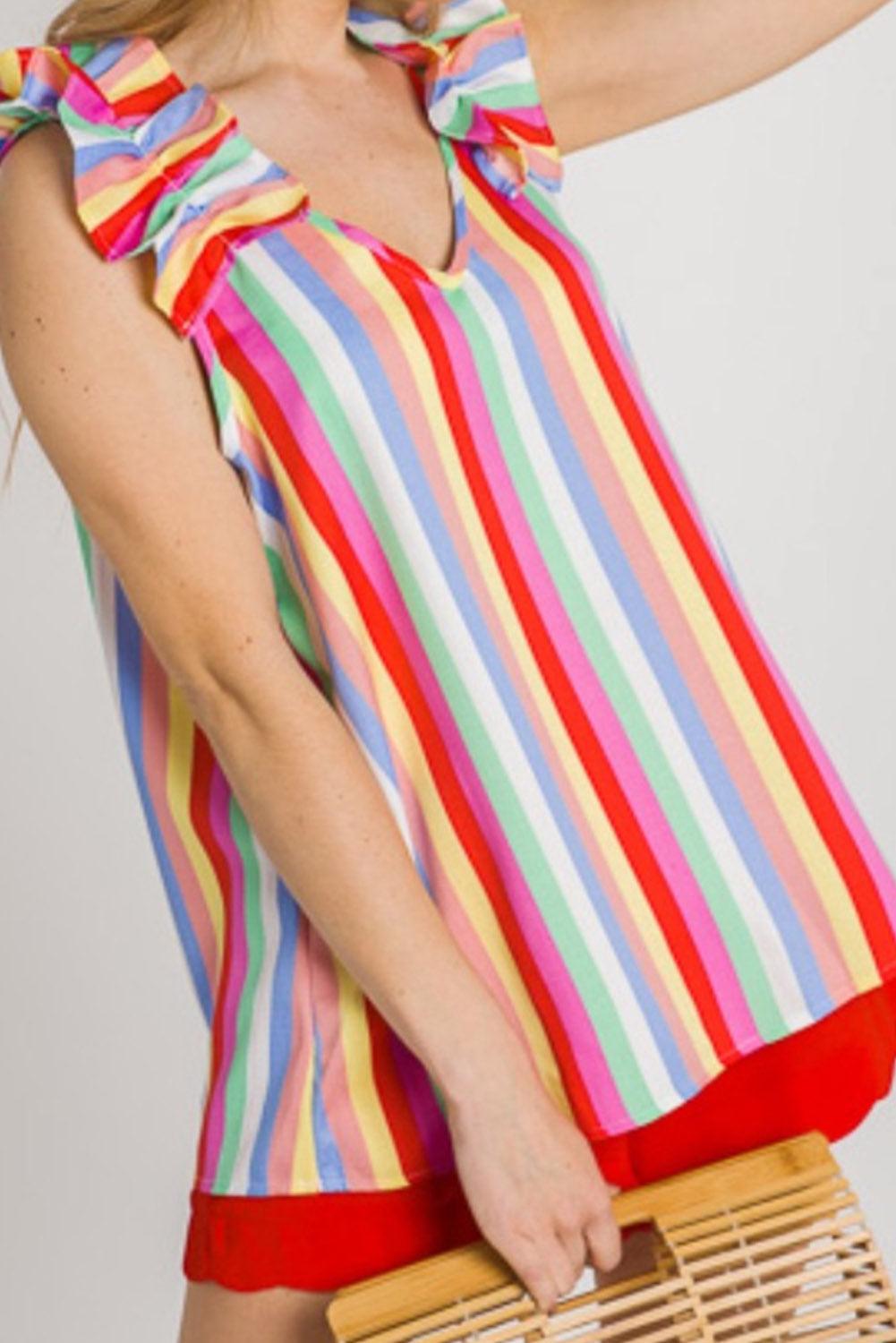 Multicolor Striped V Neck Ruffle Straps Tank Top - L & M Kee, LLC