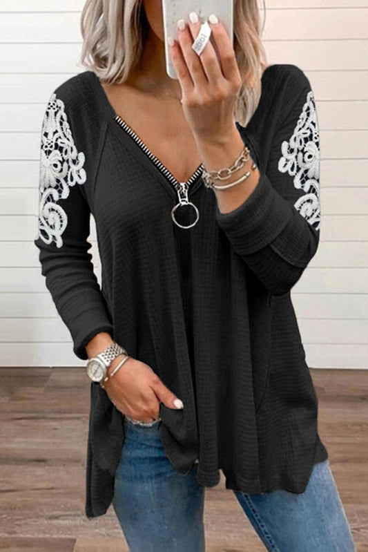 Zip V Neck Lace Patch Long Sleeve Tunic Top - L & M Kee, LLC