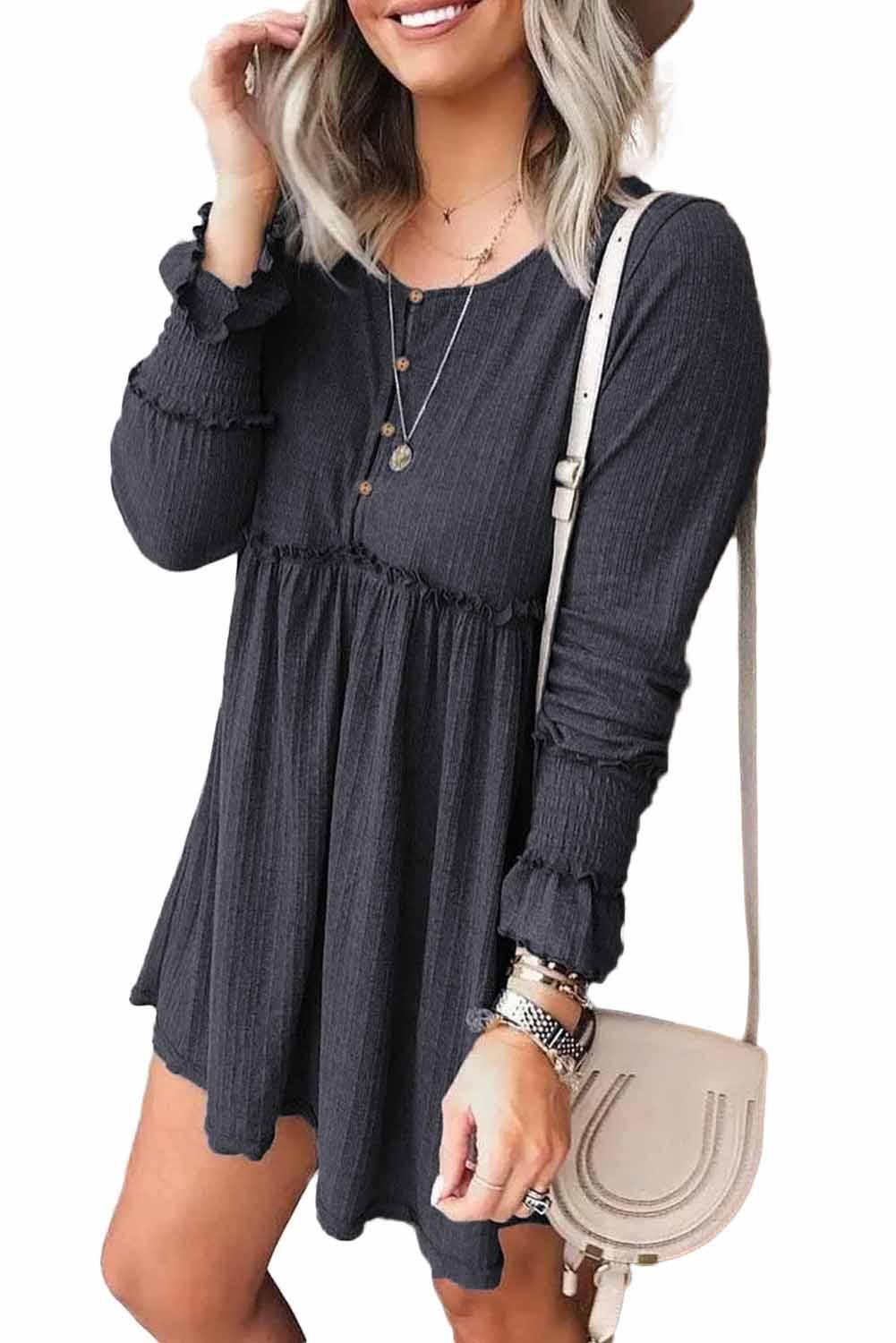 Textured Button Long Sleeve Babydoll Dress - L & M Kee, LLC