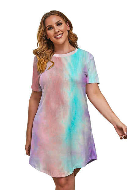 Multicolor Tie-dye Short Sleeve Plus Size Mini Dress - L & M Kee, LLC