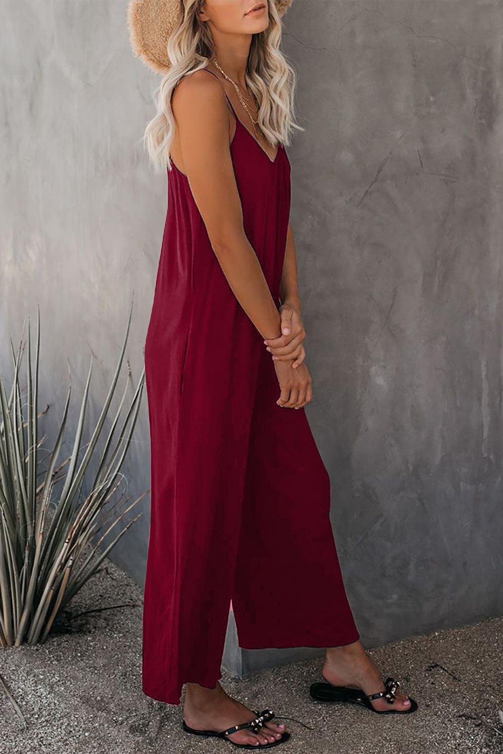 Spaghetti Straps Wide Leg Pocketed Jumpsuits - L & M Kee, LLC