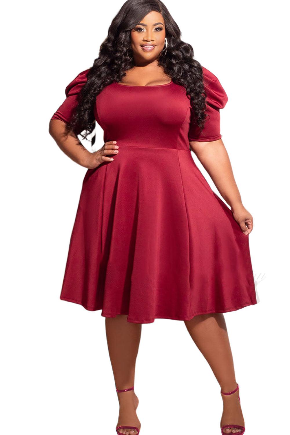 Plus Size Ruched Puff Sleeves Fit Flare Midi Dress - L & M Kee, LLC