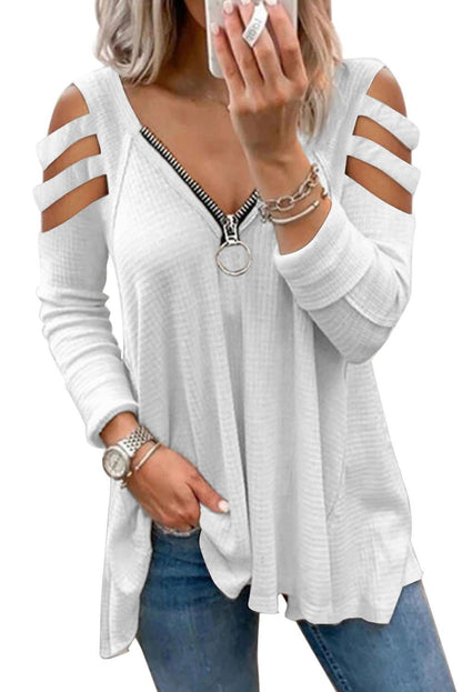 Zip Neck Cut-out Waffle Knit Long Sleeve Top - L & M Kee, LLC