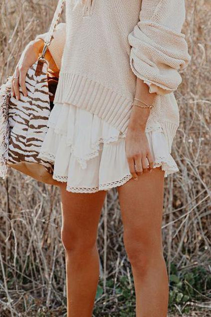 Solid Color High Waist Tiered Crochet Ruffle Mini Skirt - L & M Kee, LLC