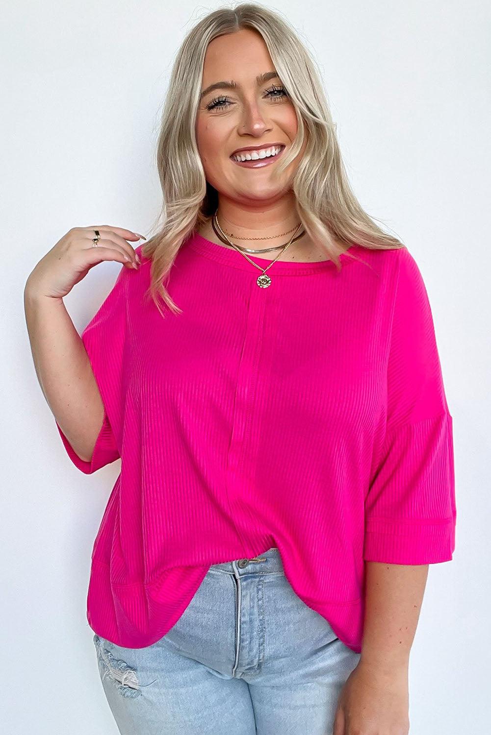 Plus Size Ribbed 3/4 Sleeves Flowy Top - L & M Kee, LLC