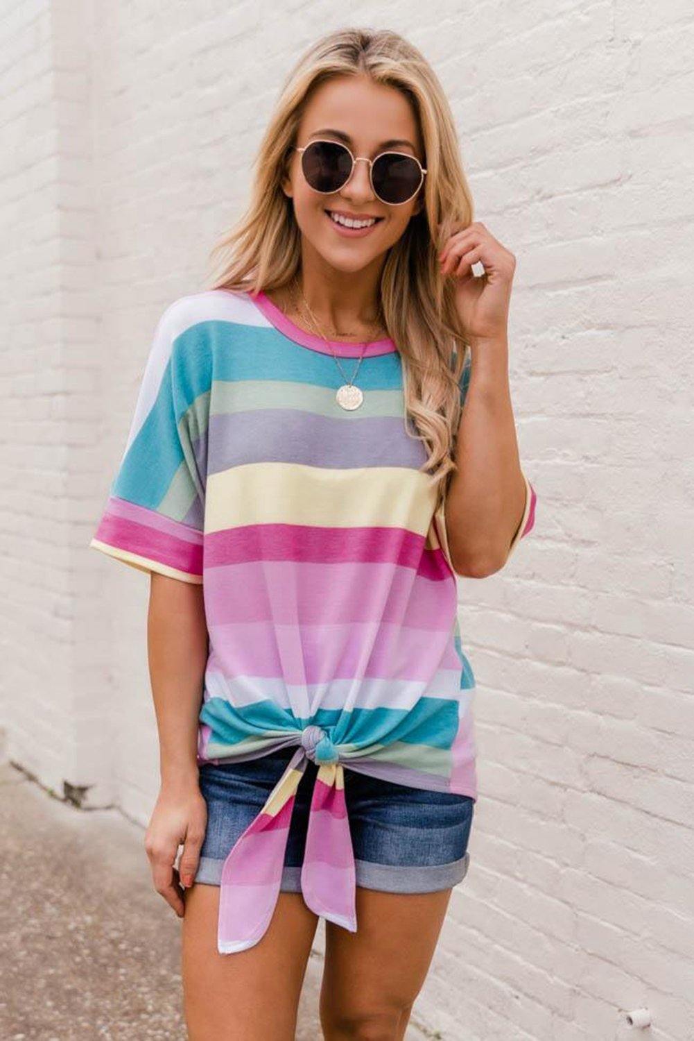 Multicolor Striped Short Sleeve Top with Knot - L & M Kee, LLC