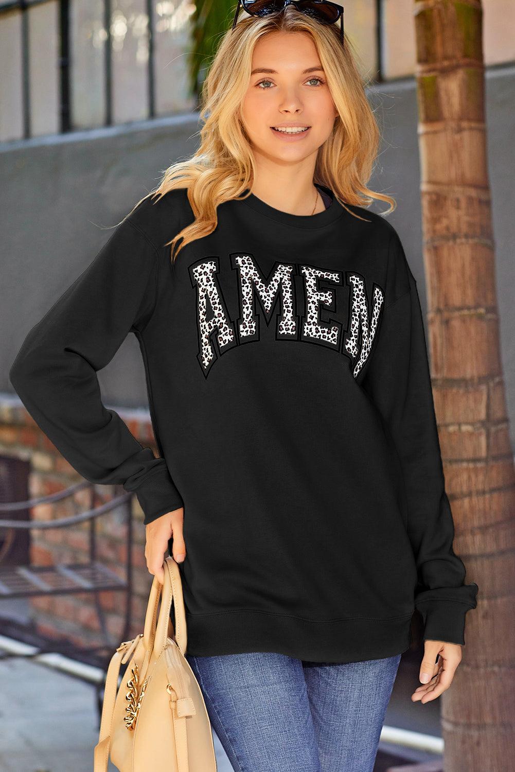 Khaki AMEN Leopard Letter Print Oversized Pullover Sweatshirt - L & M Kee, LLC
