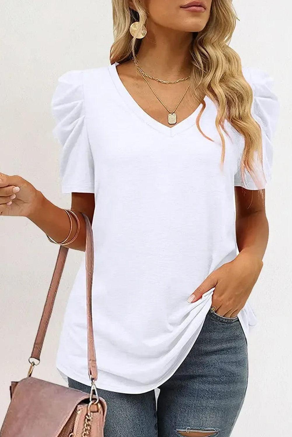 White Puff Sleeve V-Neck T-Shirt - L & M Kee, LLC