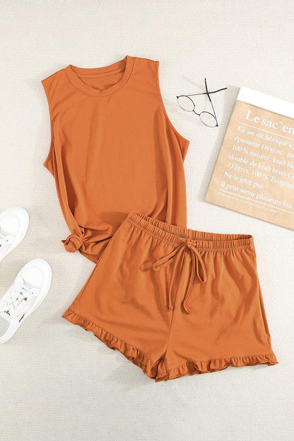 Crew Neck Tank and Drawstring Ruffled Shorts Lounge Set - L & M Kee, LLC