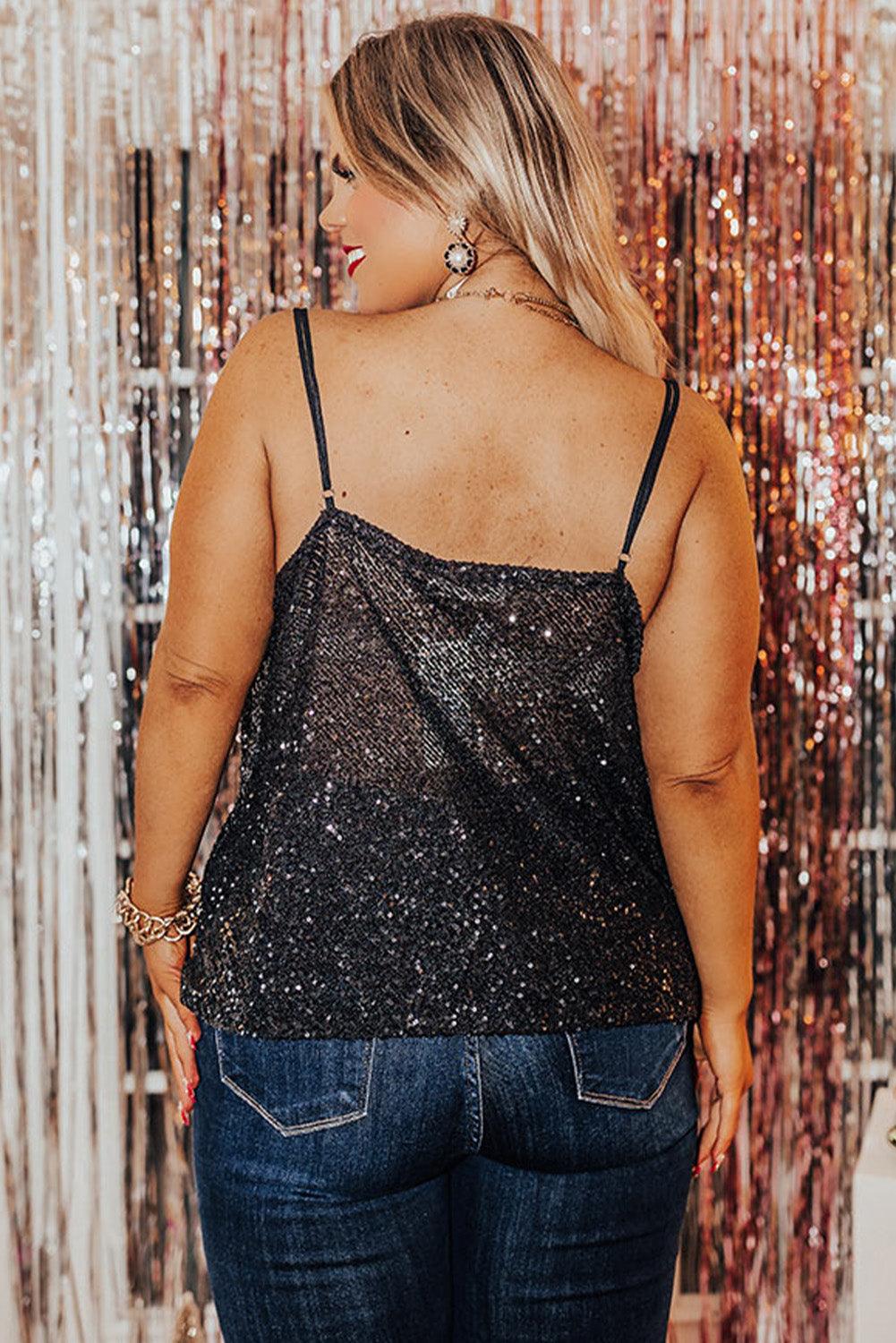 Plus Size Drape Neck Sequin Tank Top - L & M Kee, LLC