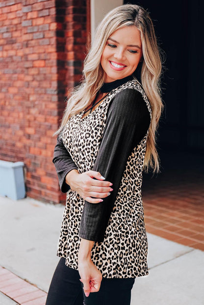 Choker Crisscross Contrast 3/4 Sleeve Leopard Print Top - L & M Kee, LLC