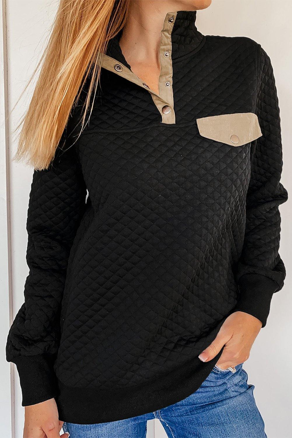 Dark Gray Quilted Snaps Stand Neck Sweatshirt with Fake Front Pocket - L & M Kee, LLC
