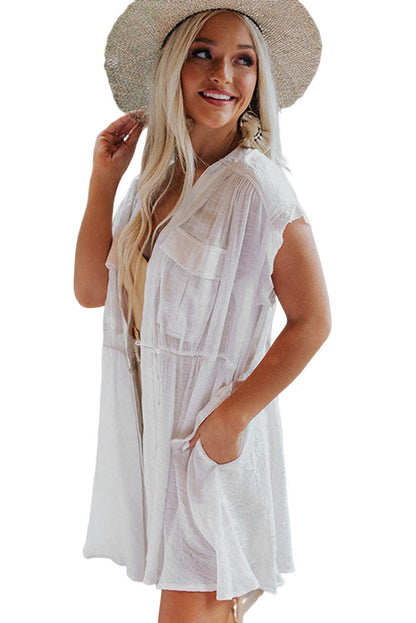 Flap Chest Pockets Open Front Beach Cover-up with Belt