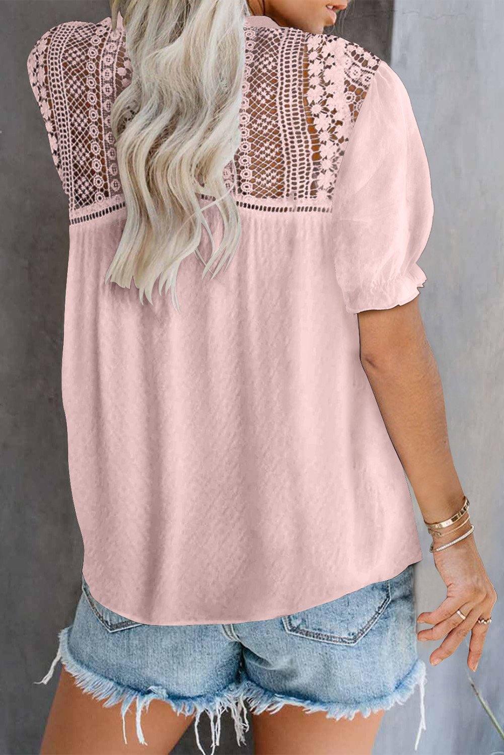 V Neck Lace Crochet Short Sleeve Shirt - L & M Kee, LLC
