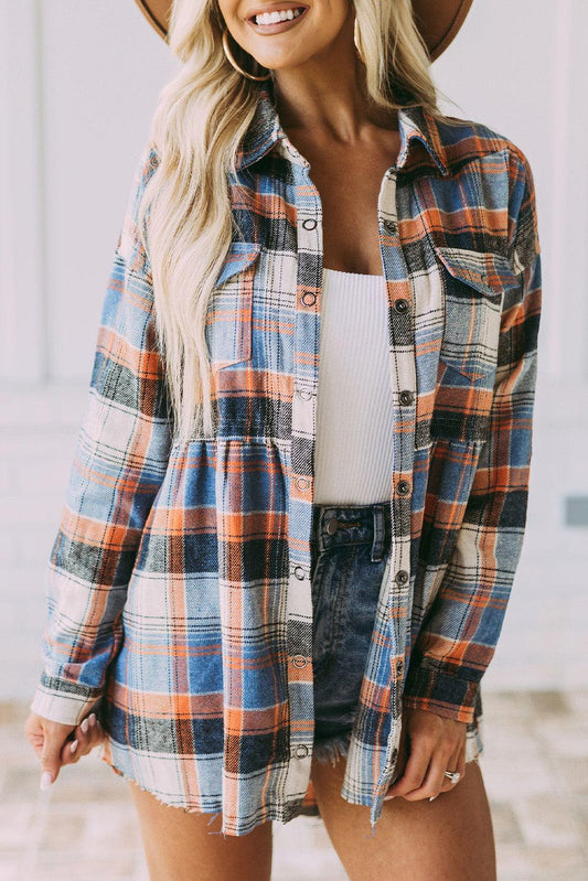 Multicolor Plaid Button Down Ruffled Shirt Jacket - L & M Kee, LLC