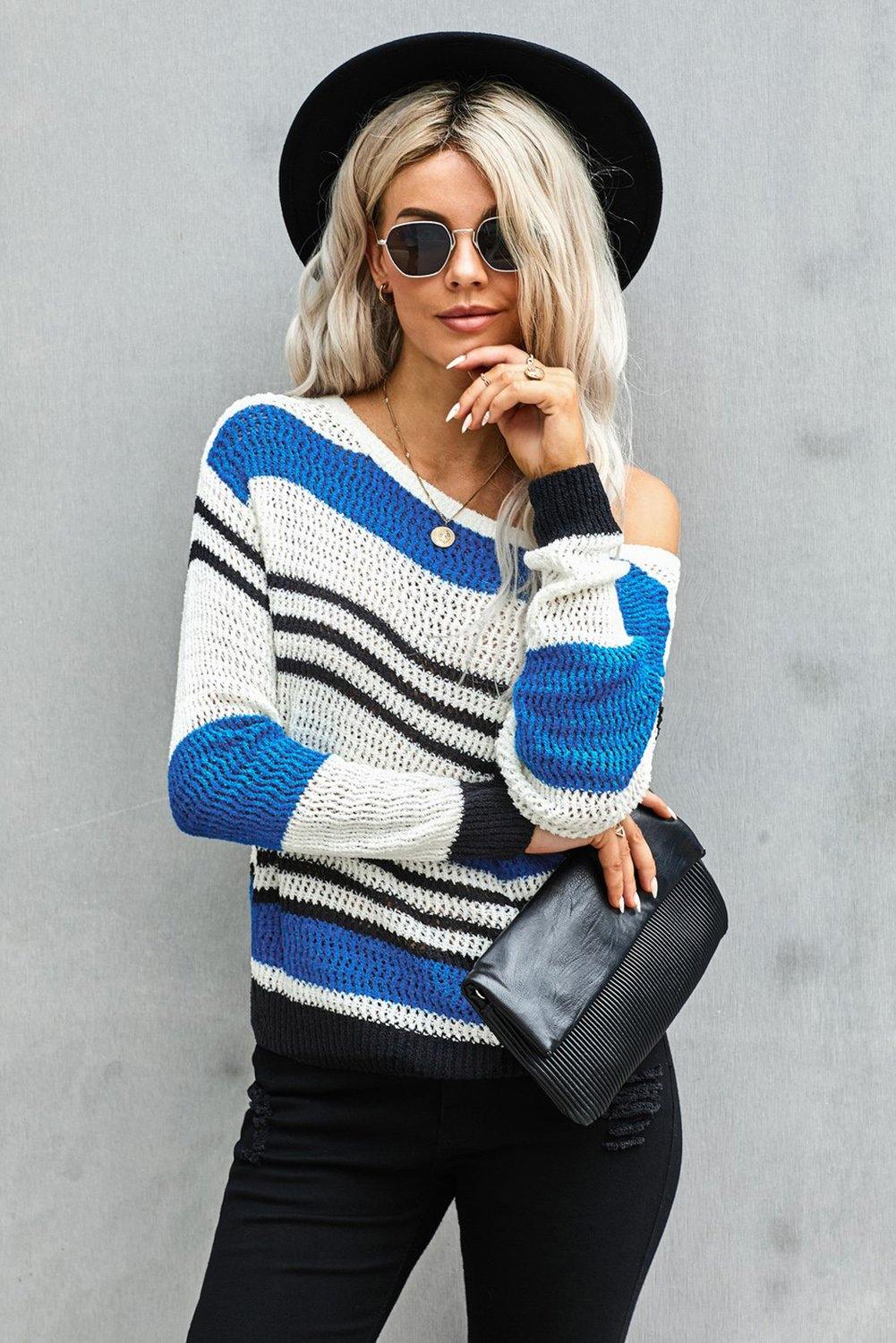 Loose Fit Striped Pattern Sweater - L & M Kee, LLC