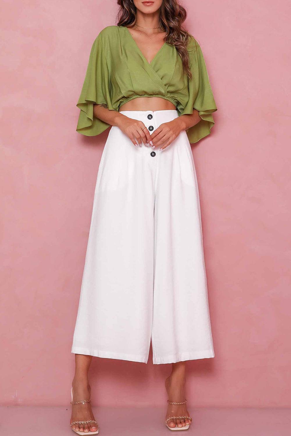 Buttons Cropped Wide Leg Pants - L & M Kee, LLC