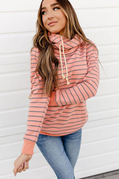 Striped Turtleneck Hoodie with Pocket - L & M Kee, LLC