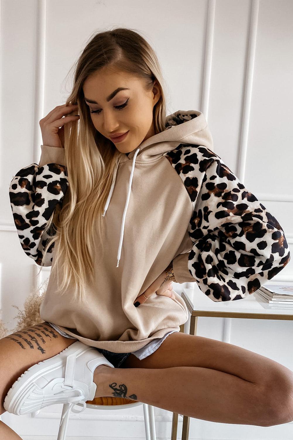 Khaki Leopard Bishop Sleeve Hooded Sweatshirt - L & M Kee, LLC