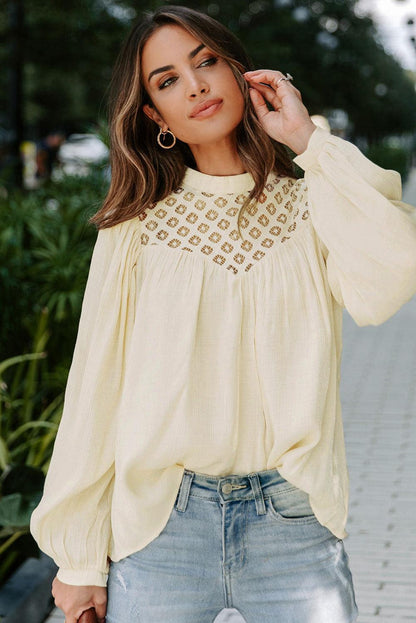 Crochet Lace Textured Balloon Sleeve Blouse - L & M Kee, LLC