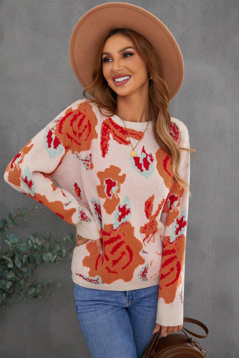 Floral Pattern Drop Shoulder Crew Neck Sweater - L & M Kee, LLC