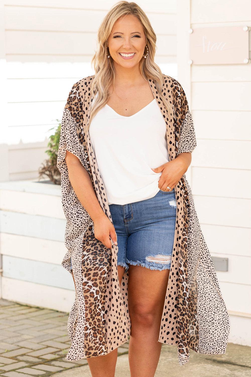 Plus Size Leopard Color Block Flowy Kimono - L & M Kee, LLC