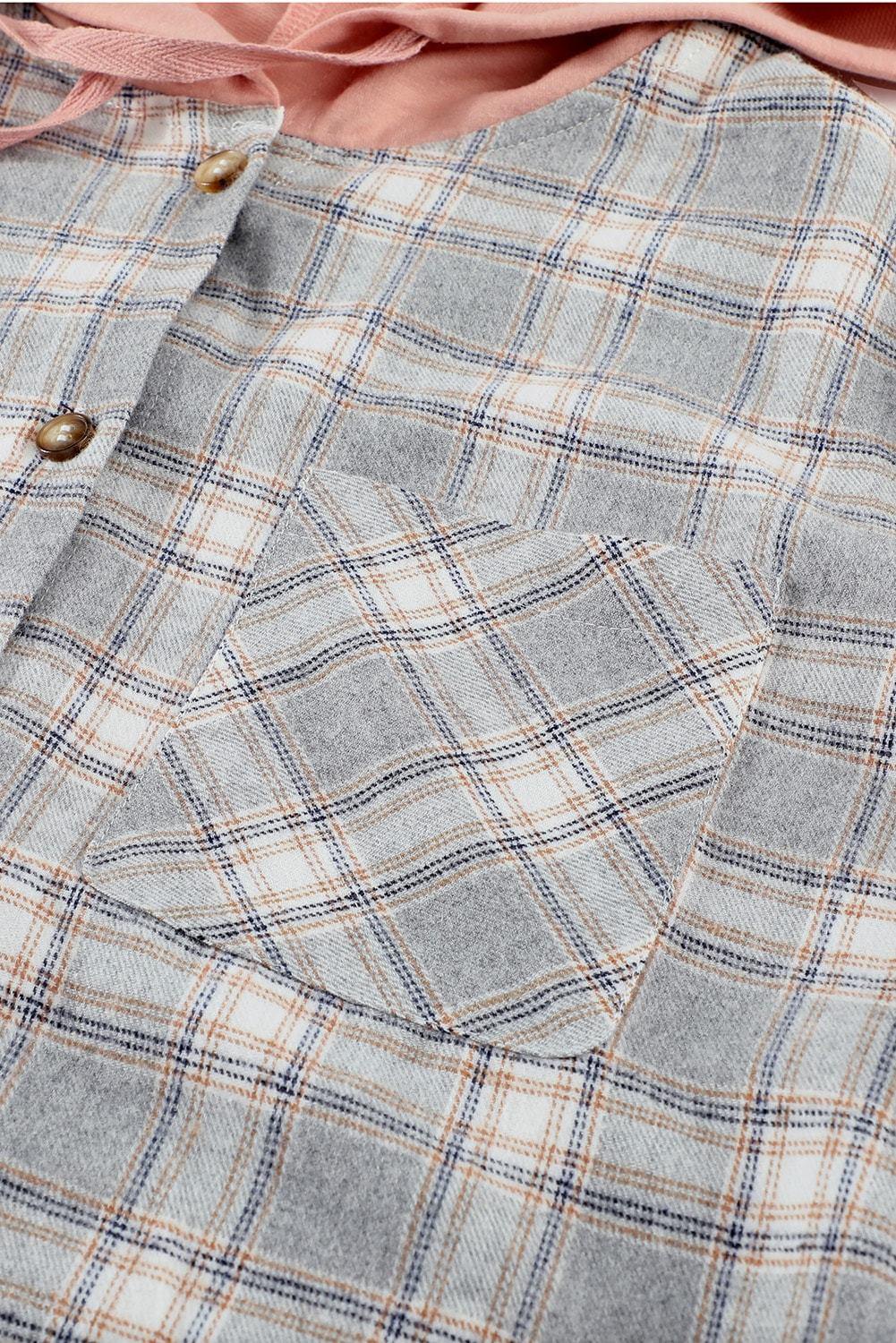 Khaki Drawstring Plaid Hooded Shirt Coat - L & M Kee, LLC