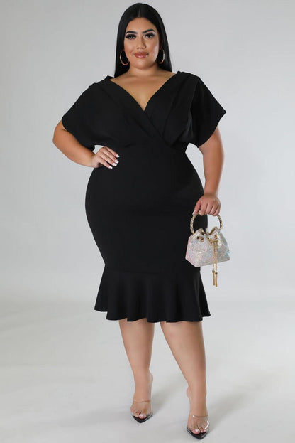 Plus Size Pleated V Neck Ruffle Hem Bodycon Dress - L & M Kee, LLC