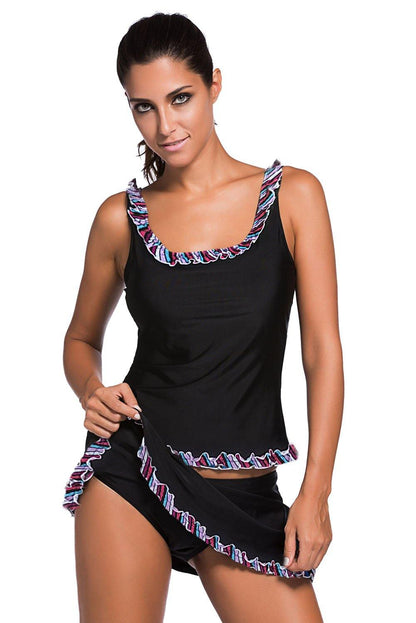 Ruffle Trim Black Active Tank Top and Skort Swimsuit - L & M Kee, LLC