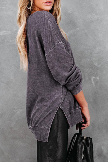 Waffle Knit Side Slit Pullover Top - L & M Kee, LLC